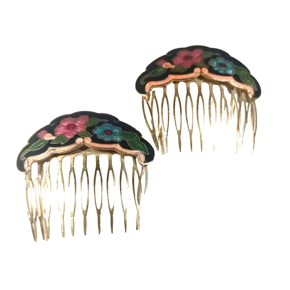 Set Of 2 Hair combs Enameled Black Pink Red Green Gold Tone Classic Design